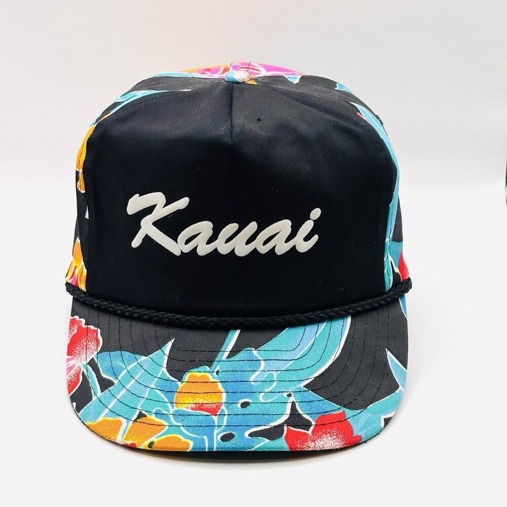 Vintage 90s Kauai Hawaii Black Neon Floral Aloha Snapback Hat VTG